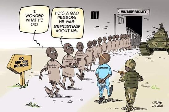 cartoon on jailbirds being discharged from prison blaming arrested journalist