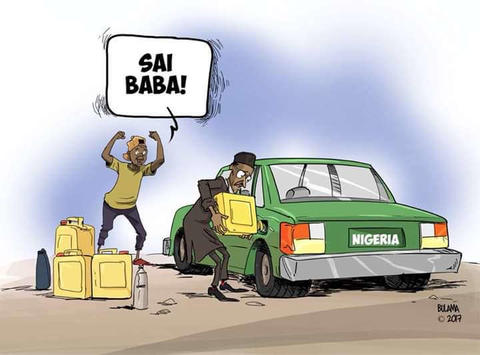 Buhari uses jerry can to pour fuel into his car 