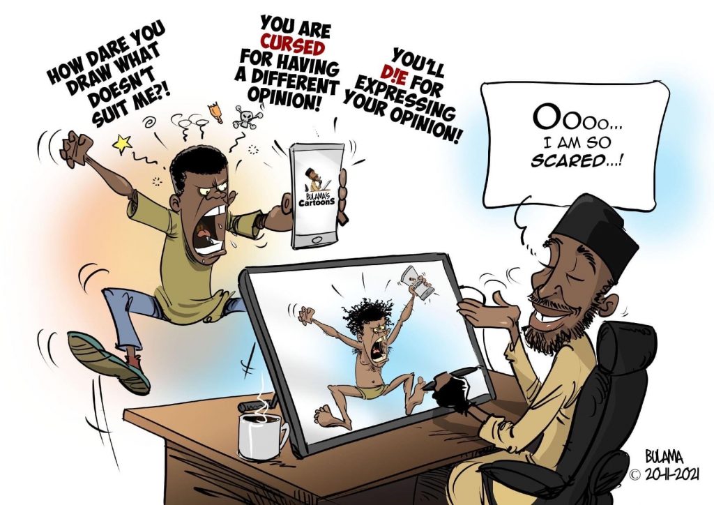 cartoon of Bulama and a irate 'customer'